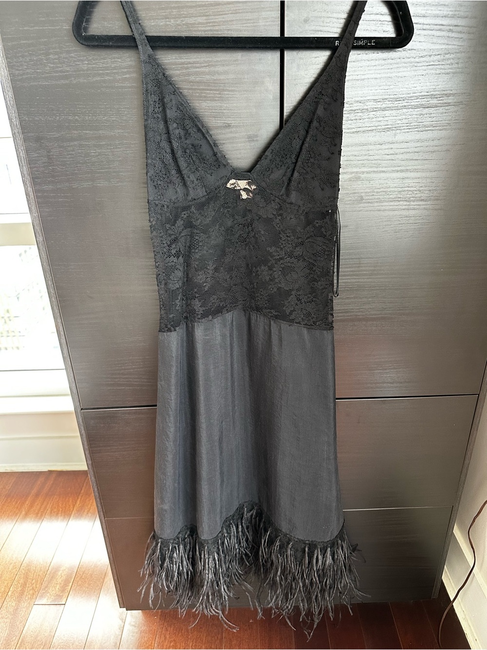 Black Lace-Top Midi Dress with Feather Hem
